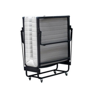 Modern vouwbed ingeklapt met spiraalbodem en wit matras