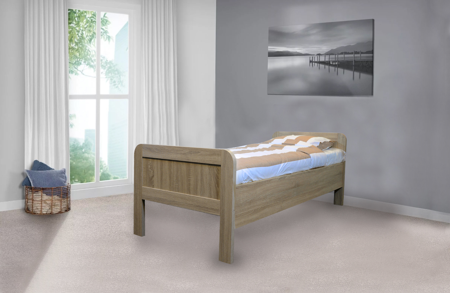 0001 Seniorenbed Nelson 90×200 bruin met opgemaakt beddengoed