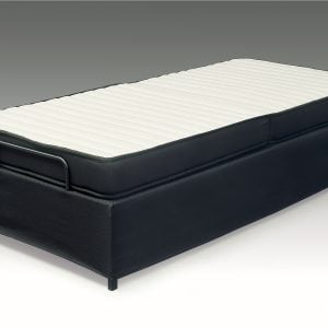 Modern vouwbed GB150 met zwarte stof en wit matras en uitgeklapt